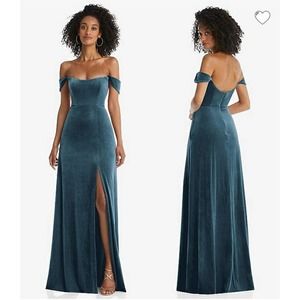 After Six OFF-THE-SHOULDER FLOUNCE SLEEVE VELVET MAXI DRESS IN DUTCH BLUE NEW